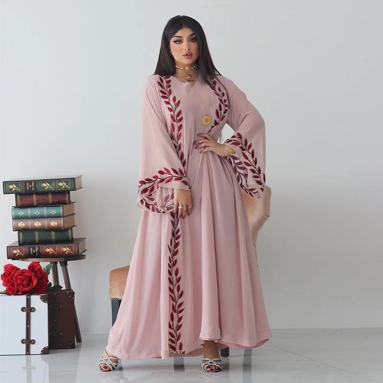 MS242#Muslim chiffon embroidered pink dress