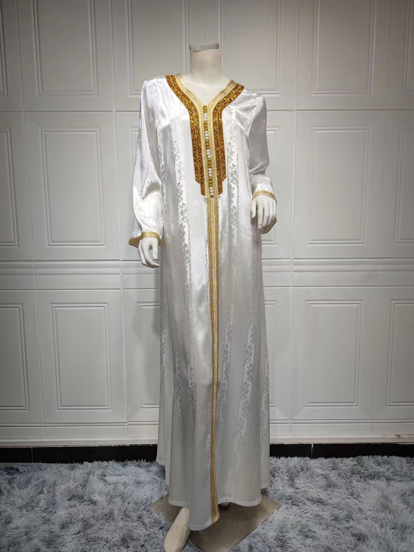 MS244#Muslim Women's Pure White Jacquard Dress