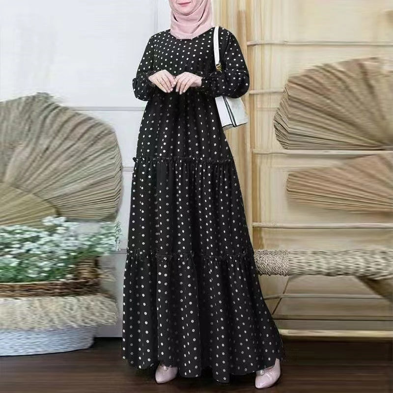 MS254#Muslim women's polka dot round neck dress