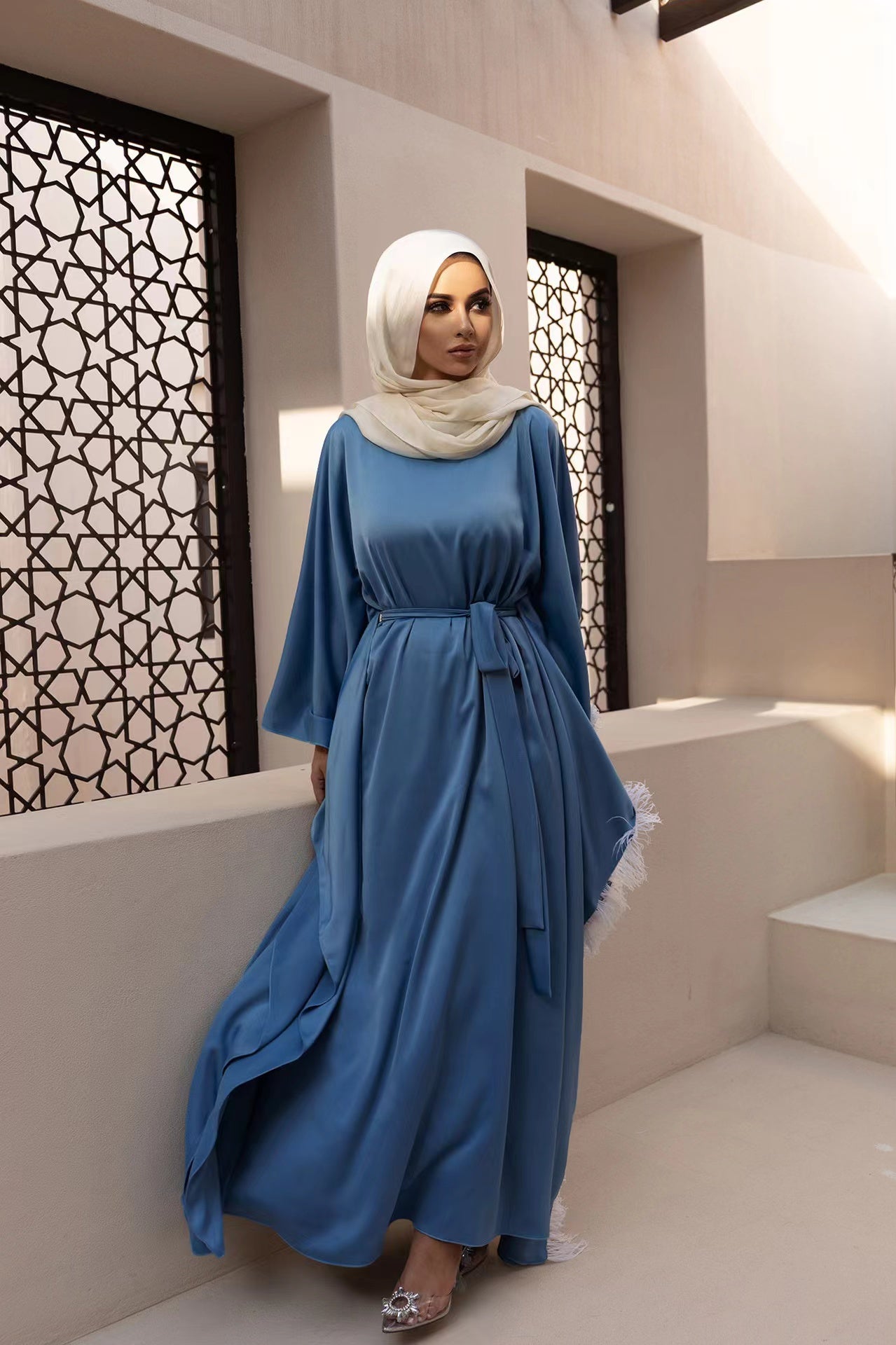 MS273#Muslim Women's Bat Sleeve Feather Dress