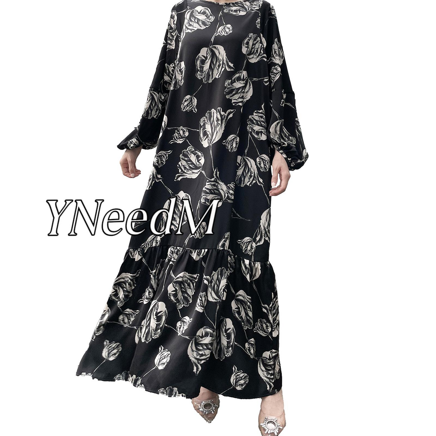 MS309#Loose fitting women's long dress with floral fragments